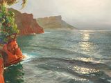 a painting of a view of the ocean from a cliff