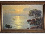 an oil painting of a sailboat in the ocean at sunset
