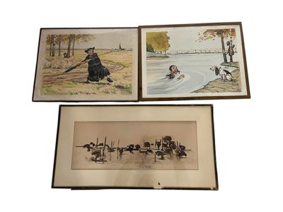 three framed pictures of people and animals on a river bank