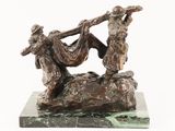 statue of two men carrying a large piece of wood on a marble base