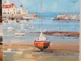 a painting of a boat on the beach by the water