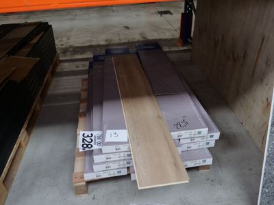 several stacks of wood planks are stacked on pallets in a warehouse