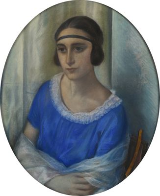 peinture d'une femme en robe bleue assise sur une chaise