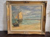 an oil painting of a sailboat on a beach next to a wall