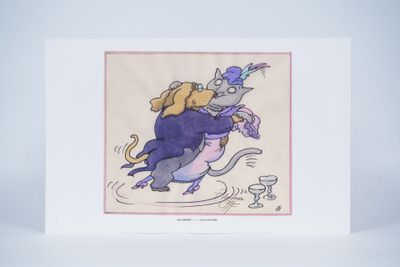 greeting card featuring a drawing of a cat riding a mouse