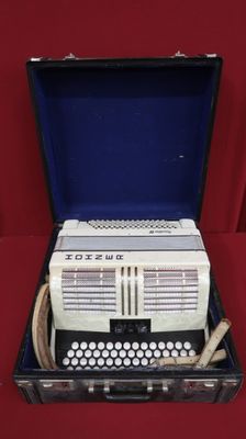 a white accordion in a black case on a red surface