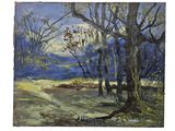 an image of a painting of a landscape with trees in the foreground