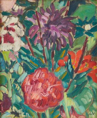 une peinture à l'huile représentant un vase rempli de fleurs colorées posé sur une table