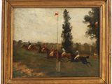 tableau représentant une course hippique avec des jockeys sur la piste