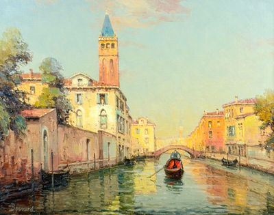 painting of a canal with a gondola and buildings in the background