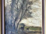 une peinture à l'huile représentant deux cerfs dans un champ, près d'un arbre