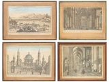 quatre gravures anciennes représentant une ville avec une église, une église et d'autres bâtiments