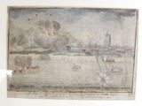 painting of a view of a harbor with boats and a lighthouse in the distance
