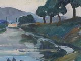 an oil painting of a river running through a lush green field