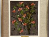 framed picture of a painting of a vase of flowers on a table
