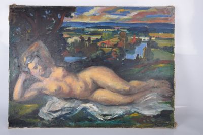 une peinture à l'huile représentant une femme nue allongée sur une couverture