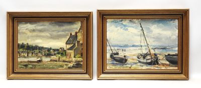 pair of oil paintings of boats on the beach by a house