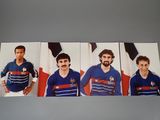 three pictures of a man with a beard and a blue shirt