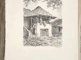 an old book with a drawing of a man and a woman in front of a hut
