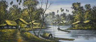 un tableau représentant un village au bord de l'eau, avec des gens sur des bateaux