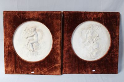 pair of antique plaster reliefs of cherenshes and cherenshes on velvet