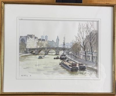 aquarelle encadrée représentant des bateaux sur une rivière, avec un pont en arrière-plan