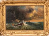 an oil painting of a boat in rough water with a stormy sky in the background