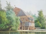 a watercolor painting of a water mill on a lake