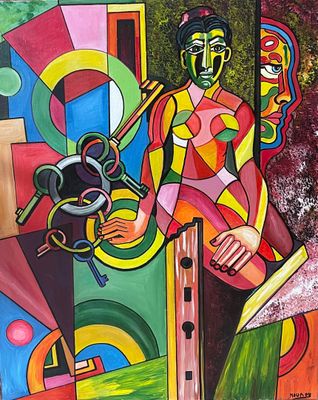 peinture abstraite représentant une femme avec une guitare et un homme avec un chien