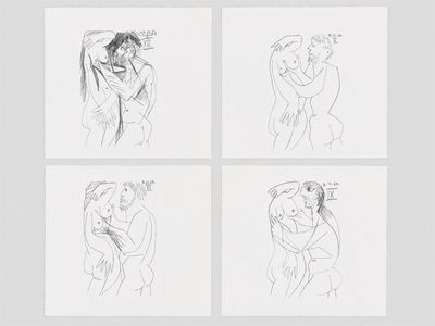 quatre dessins représentant un homme et une femme en train de s'embrasser