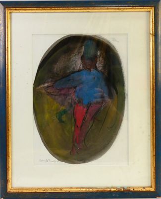painting of a ballerina in a blue dress in a gold frame