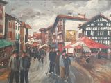 un tableau représentant des personnes marchant dans une rue d'une ville