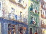a painting of a street scene with a horse and carriage