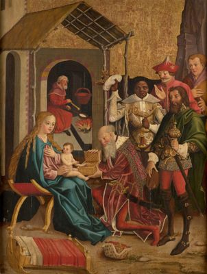 une image représentant un tableau où l'on voit un groupe de personnes assises autour d'un bébé