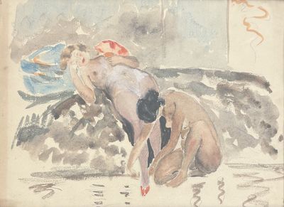 a painting of a man and a woman on the beach