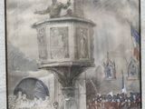 a picture of a painting of a man on top of a tower