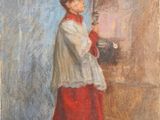 an oil painting of a woman in a red dress holding a candle