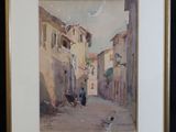 painting of a street scene with a person sitting on a bench in the middle of the street