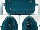 a collage of photos of a teal colored purse