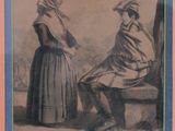 painting of a woman and a man sitting on a bench under a tree