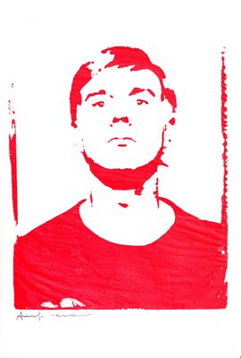 a picture of a man in a red shirt on a white background