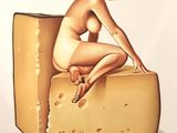 un tableau représentant une femme assise sur un morceau de fromage
