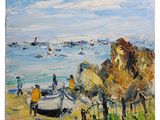 une peinture à l'huile représentant un cheval tirant une charrette sur la plage