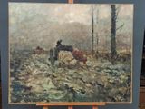 une peinture à l'huile représentant un homme labourant un champ avec une charrette tirée par un cheval