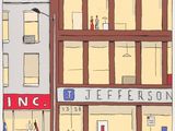 illustration of a drawing of people walking on a sidewalk in front of a building