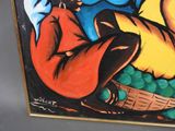 a painting of a woman sitting on a basket of grapes