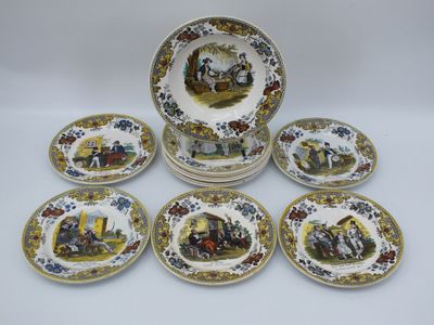 un lot de six assiettes ornées d'illustrations représentant des personnes et des animaux