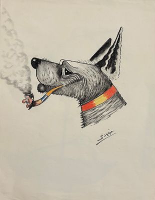 drawing of a dog smoking a pipe with a rainbow collar