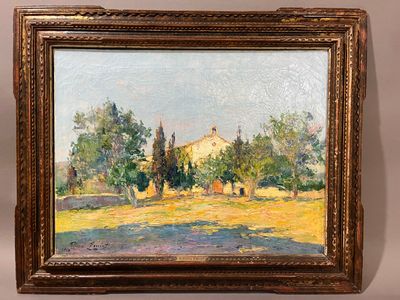 an oil painting of a landscape with a house in the distance