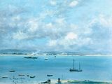 a painting of boats on the water near a beach